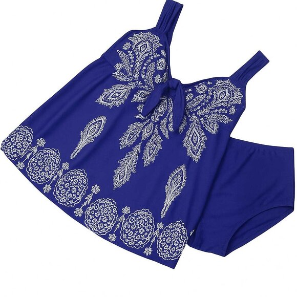 Plus Navy Blue Paisley Print 2Pc Swimdress Set Wide Strap Women Size 24 Swimwear - Picture 9 of 12